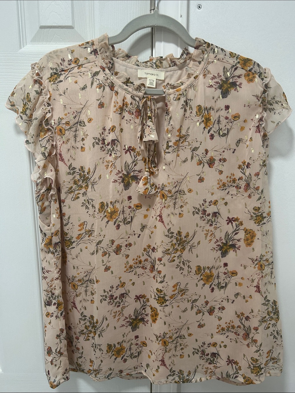 Floral Ruffle Tie-Neck Blouse — Light Pink